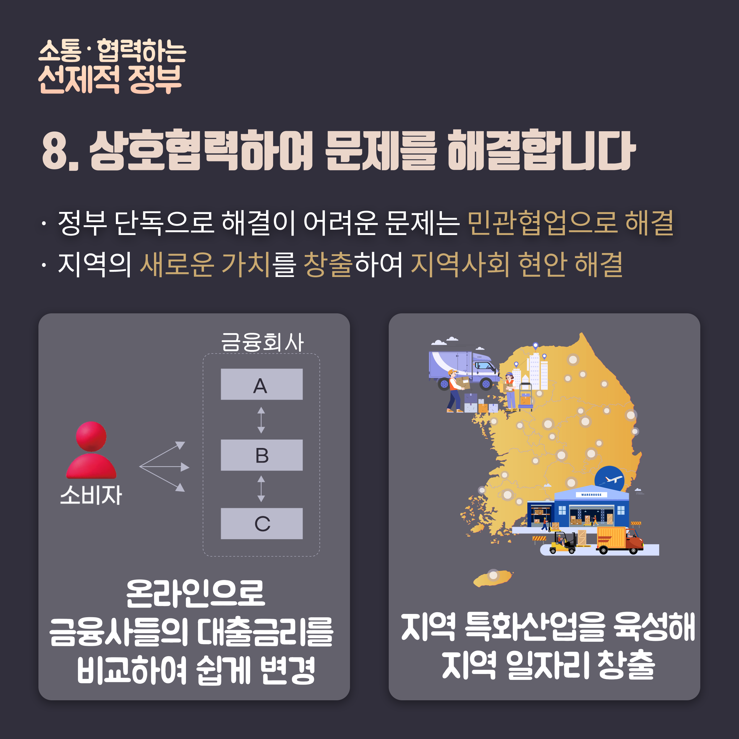 8.상호협력하여 문제를 해결합니다. 정부 단독으로 해결이 어려운 문제는 민관협업으로 해결, 지역의 새로운 가치를 창출하여 지역사회 현안 해결