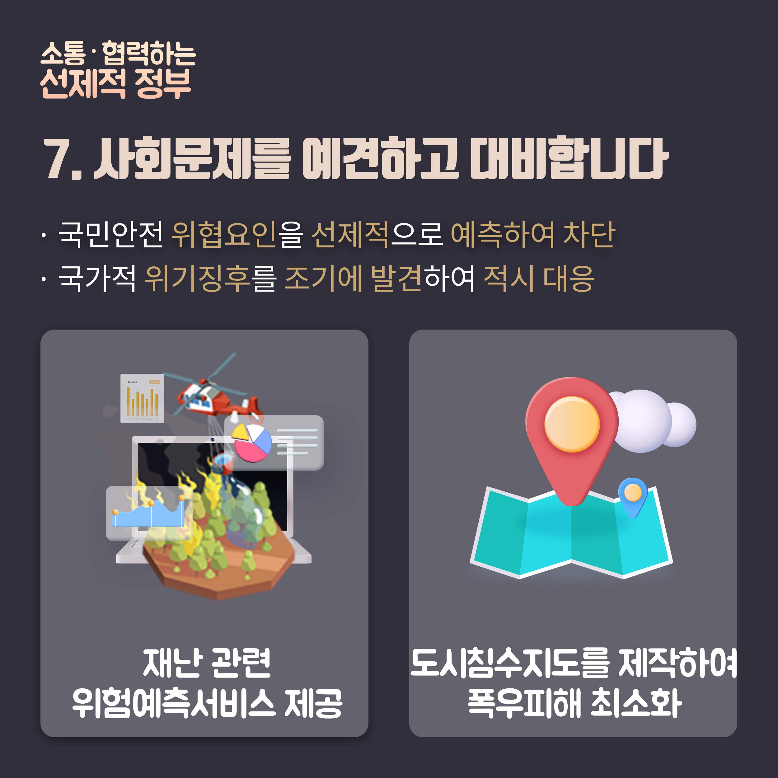 7.사회문제를 예견하고 대비합니다. 국민안전 위협요인을 선제적으로 예측하여 차단, 국가적 위기징후를 조기에 발견하여 적시 대응