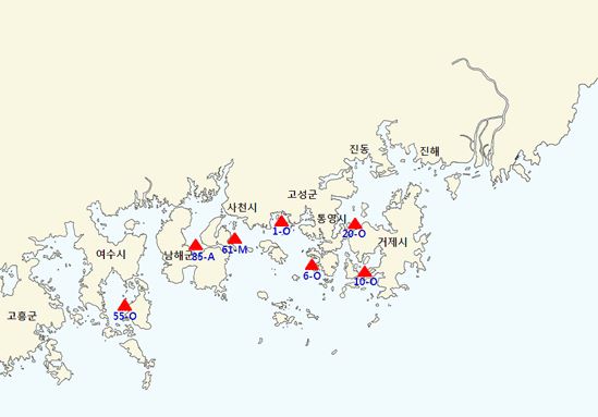 해구 : 통영 추봉(10-O), 고성 자란도(1-O), 통영 오비도(6-O), 남해 선소(85-A), 여수 금봉(55-O), 남해 장포(61-M), 통영 수도(20-O)