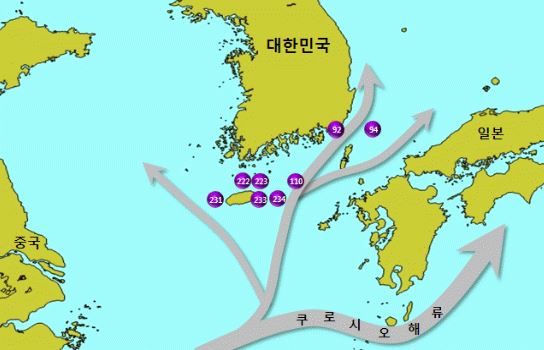 쿠로시오해류흐름(해구 222 · 223 · 110 · 231 · 233 · 234 · 92 · 94)